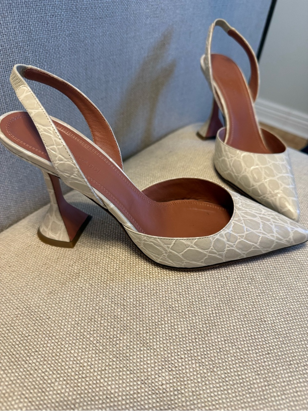 Amina Muaddi "Holli" Slingback Cream Croc-Embossed Slingback Pumps 37.5